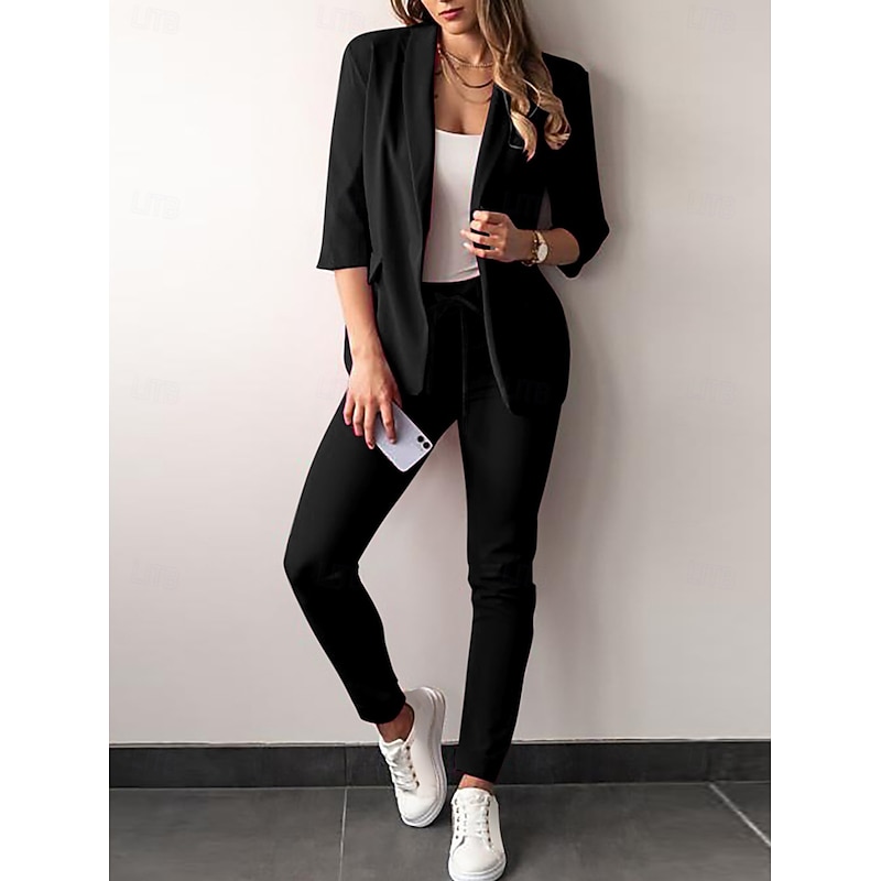 Women's Fashion Formal Blazer Suits Half Sleeve Solid Color Drawstring Work Business Dark Grey Black Dusty Rose Spring &  Fall Regular Fit4