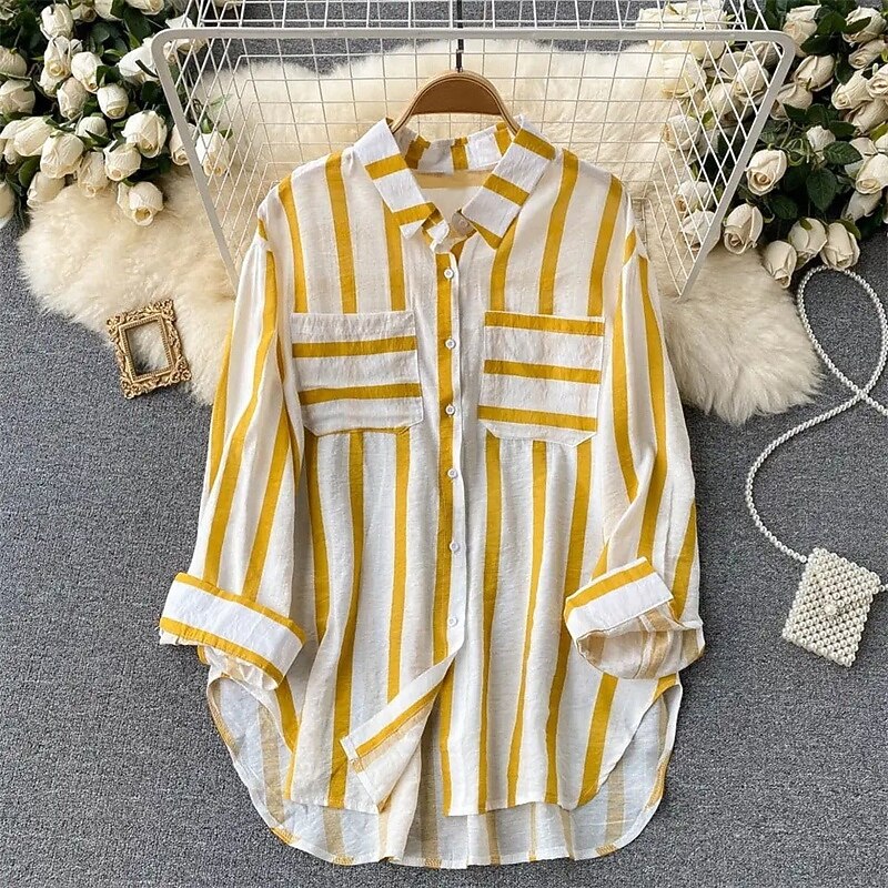 Women's Shirt Striped Daily Stylish Basic Long Sleeve Shirt Collar Regular Tops Work Daily Holiday Buttons Black Yellow Orange Spring Fall3