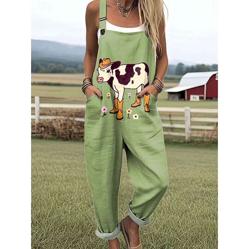 Women's Dungarees Active Graphic Sleeveless Print Vacation Daily Loose Fit Light Green Blue Green Summer