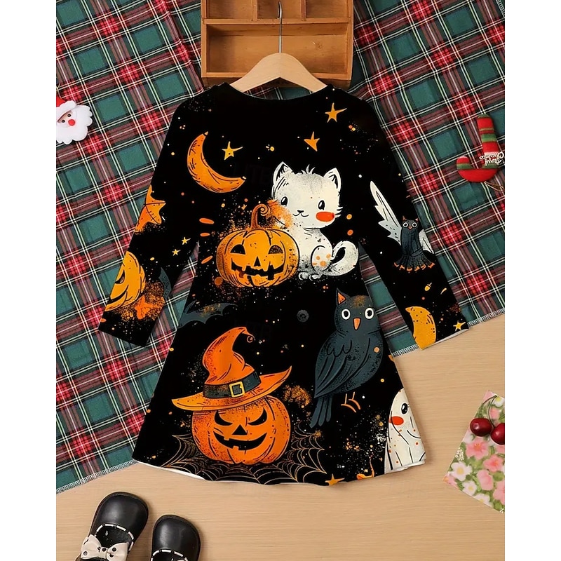 Halloween Girls' 3D Animal Pumpkin Dress Long Sleeve Summer Spring Vacation Daily Holiday Princess Beautiful Sweet Kids 4-12 Years Casual Dress A Line Dress Knee-length Regular Fit3