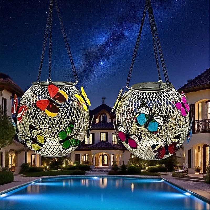 Solar Butterfly Lanterns Landscape Pendant Light Iron Hollow Lantern Decorative Light Mesh Light Lawn Wind Light Lantern  1PC2