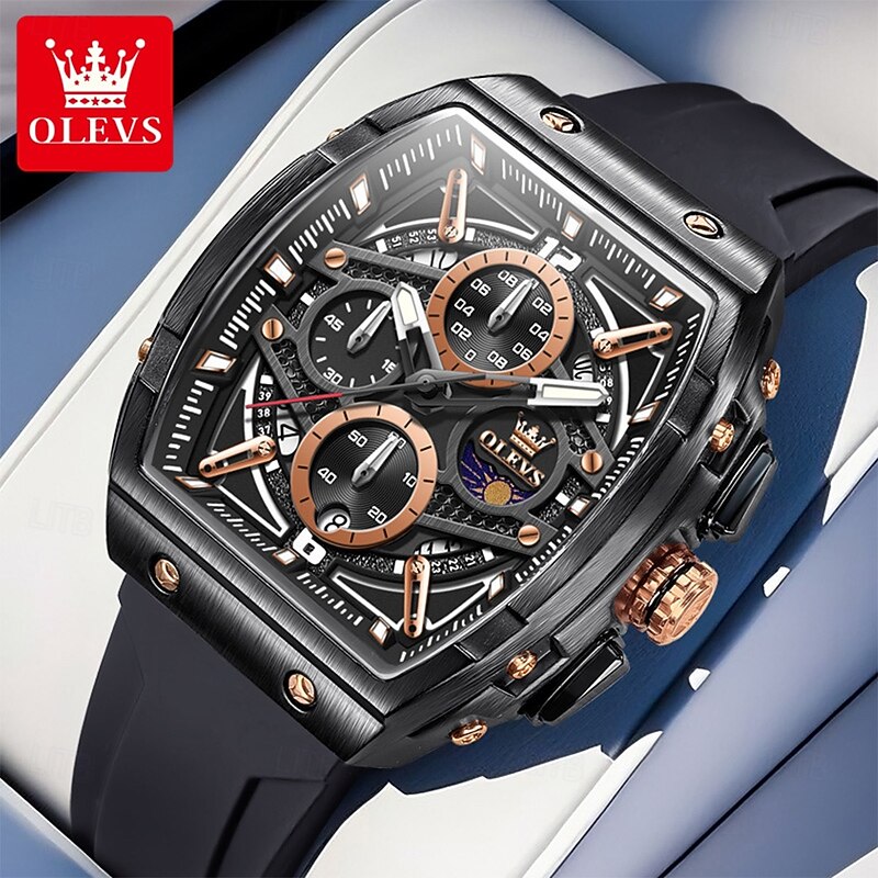 OLEVS Men Quartz Watch Luxury Large Dial Fashion Business Luminous Calendar Chronograph Waterproof Silicone Watch