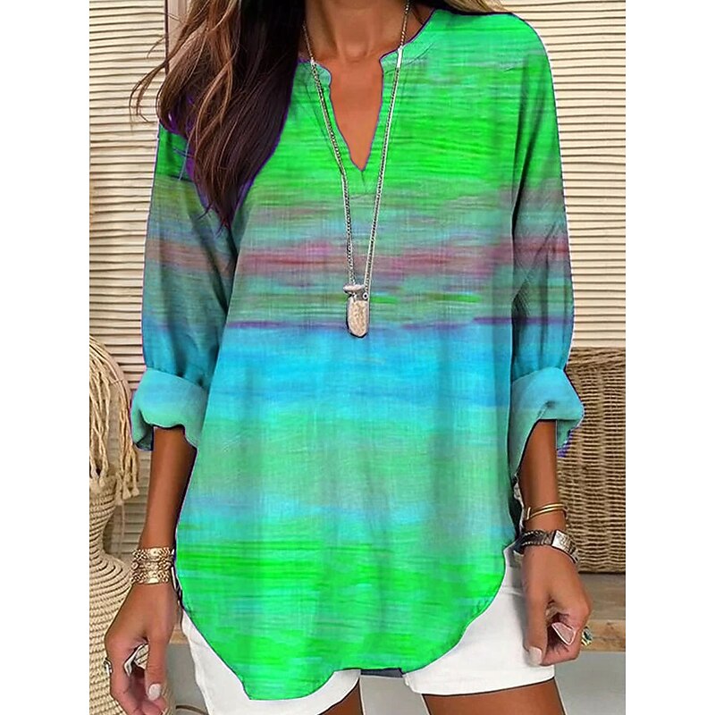 Women's Blouse Tunic V Neck Long Sleeve Boho Casual Tops Ombre Graphic Geometric Vintage Daily Stylish Regular Tops Daily Print Blue Purple Orange Green Fall4