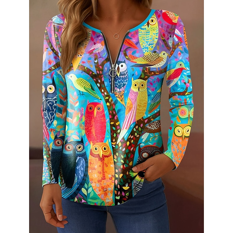 Women's T shirt Long Sleeve Quarter Zip Long Sleeve Casual Graphic Owl Elegant Vintage Stylish V Neck Regular Tops Daily Pink Blue Orange Green Spring Fall Prefall