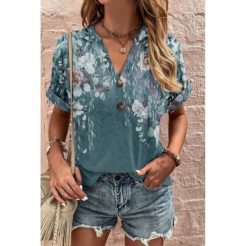 Women's T Shirt Floral Graphic Plants Vintage Stylish Classic Short Sleeve V Neck Notched Neck Regular Tops Daily Going out Weekend Print Red Light Brown Dark Green Green Dark Gray Summer Spring4