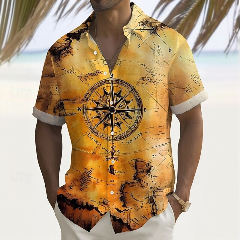 Men's Nautical Compass Shirt Summer Shirt Button Up Shirt Short Sleeve Vintage Retro Outdoor Vacation Dailywear Summer Spring Turndown 3D Print Collared Shirts Front One Pocket Orange