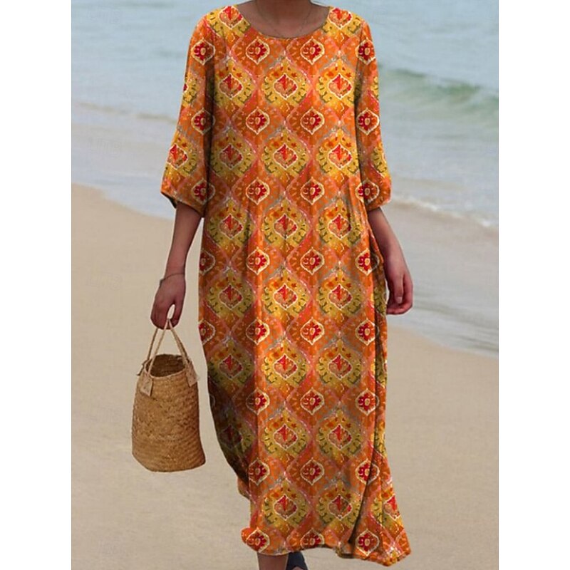 Women's Midi Dress Casual Dress Print Dress Vintage African Daily Beach Weekend Regular Fit Floral Graphic 3/4 Length Sleeve Crew Neck Yellow Red Orange Spring Fall Autumn3