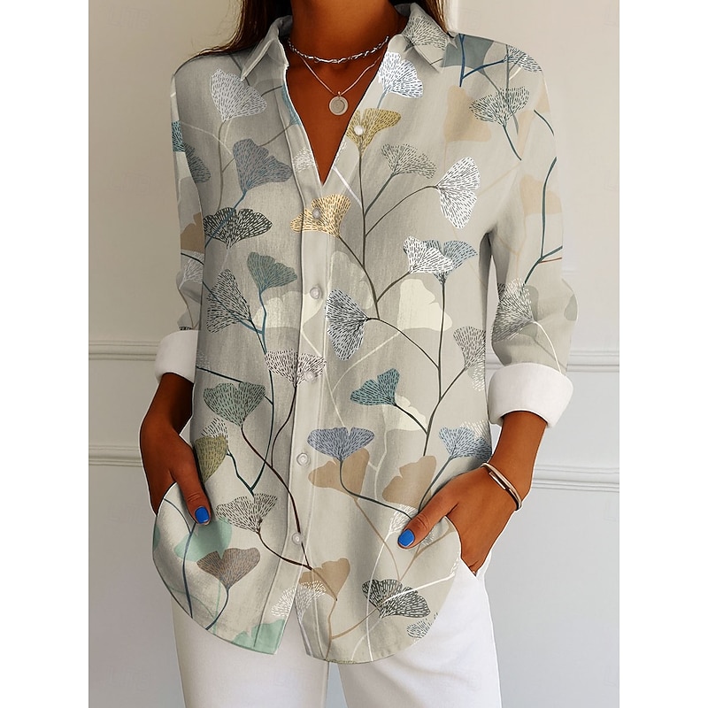 Women's Shirt Button Down Tunic Shirt Collar Long Sleeve Graphic Leaf Elegant Vintage Tropical Regular Tops Work Daily s Print Blue Purple Green Beige Spring - Main Image