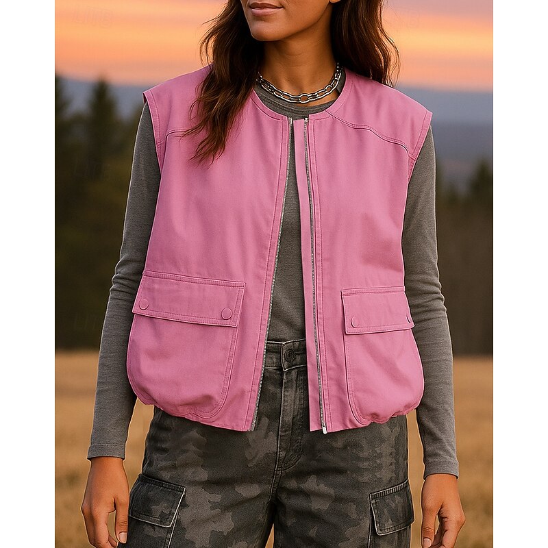 Women's Hiking Vest Cargo Vest Sleeveless Vest Outdoor Lightweight Breathable Zipper Polyester Black Pink Army Green Hunting Fishing Climbing