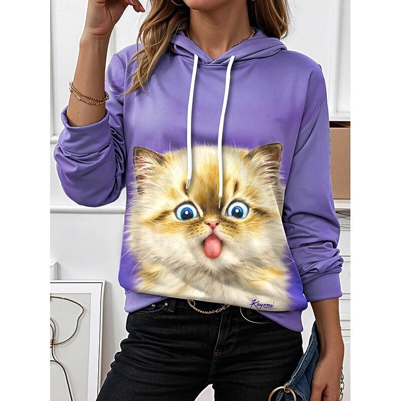 Kayomi Harai Women's Hoodie Pullover Sweatshirt Oversized Long Sleeve Casual Graphic Animal Cat Vintage Fashion Western Hooded Tops Street Dailywear Holiday Print Yellow Blue Purple Fall Winter3