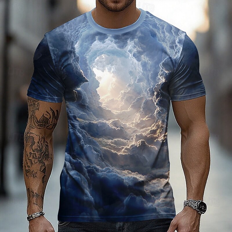 Men's Optical Illusion 3D Clouds T Shirt Short Sleeve T shirt 3D Print Crew Neck Shirt Fashion Exaggerated Daily Party Street Casual White 1 Blue 2# Blue 1# Summer Spring All Seasons Clothing Apparel2