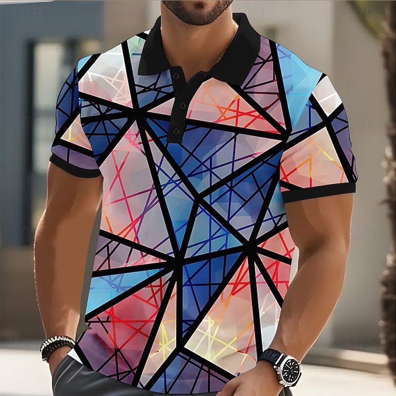 Men's Geometric Pattern Polo Short Sleeve Polo Shirts Collared Shirts Casual Athleisure Outdoor clothing Daily Wear 3D Print Buttons Summer Yellow Blue Green3