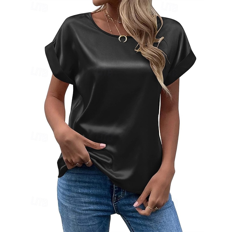 Women's T Shirt Tee Satin Top Plain Fashion Modern Short Sleeve Crew Neck Regular Tops Daily Going out Weekend Black White Pink Blue Purple Summer2