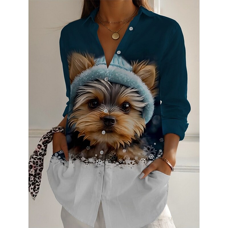 Women's Shirt Dog Active Daily Stylish Long Sleeve Shirt Collar Regular Tops Daily Holiday Buttons Print Blue Spring Fall