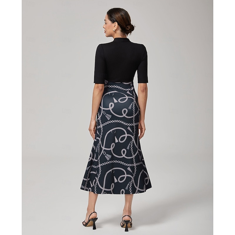 Lyocell Chain Print Colorblock Fishtail Dress3