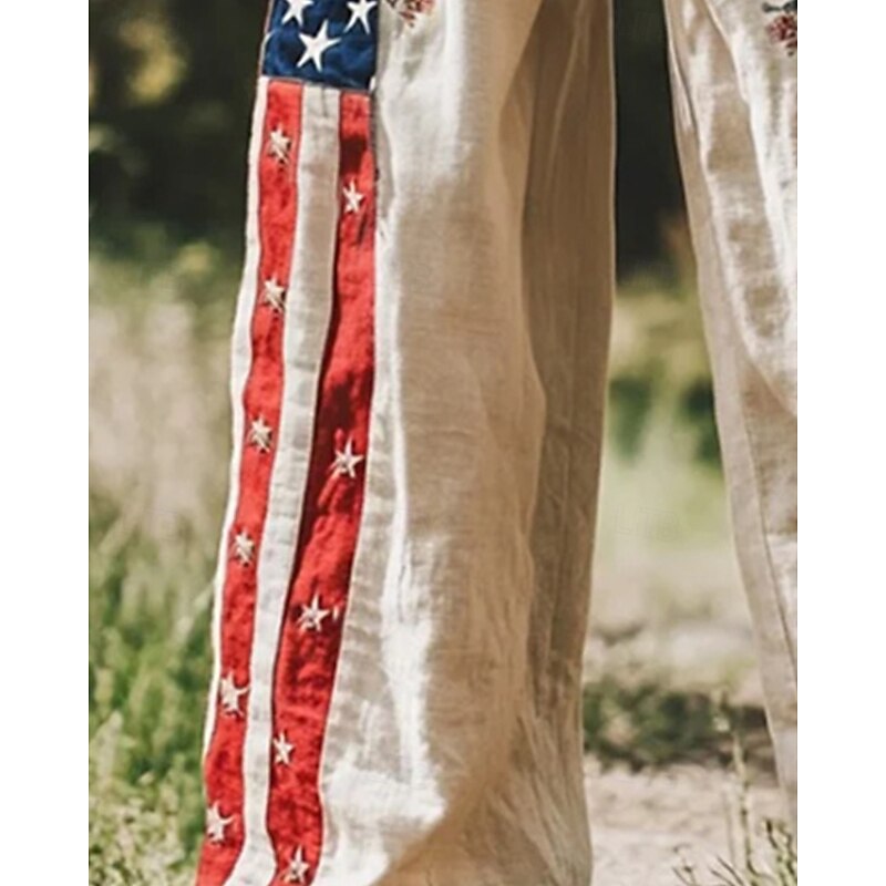 Women's Wide Leg Pants Trousers Palazzo Pants Fashion Boho Full Length High Waist National Flag Elastic Waist Drawstring Print Breathability Comfortable Street Daily Wear Going out White Spring Fall3