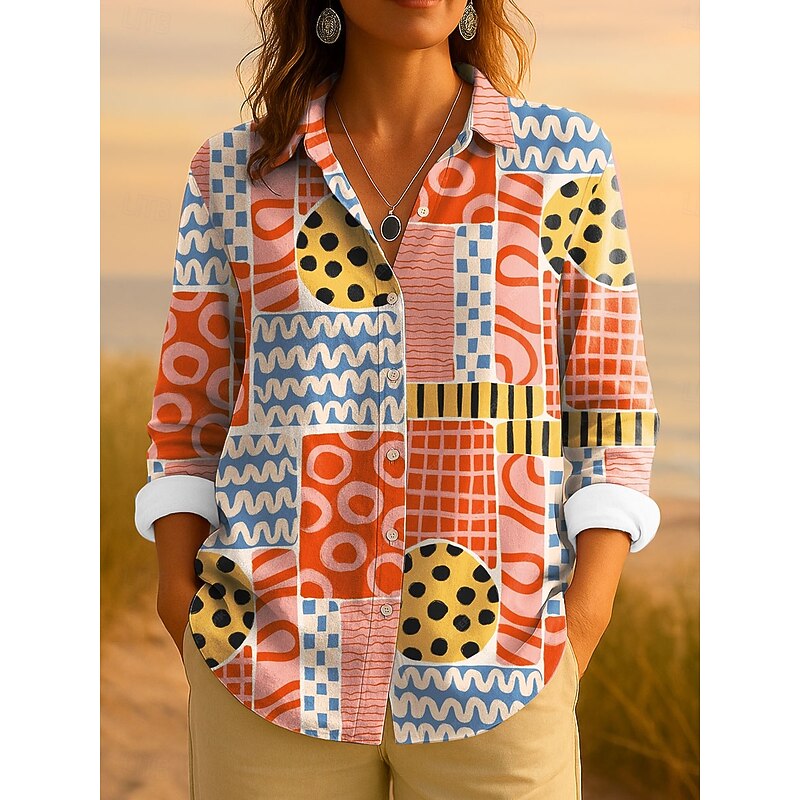 Women's Shirt Button Down Tunic Shirt Collar Long Sleeve Graphic Geometric Striped Vintage Tropical Daily Regular Tops Work Daily s Print Blue Purple Orange Green Spring