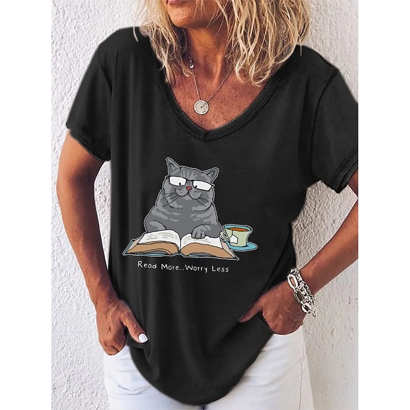 Women's T Shirt Graphic Animal Letter Vintage Stylish Classic Short Sleeve V Neck Regular Tops Daily Print Black White Pink Blue Green Summer Spring Read More Worry Less Cute Cat2