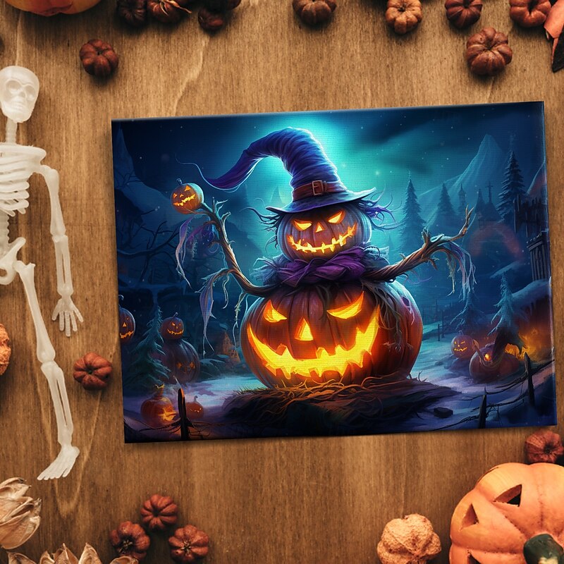 Halloween Witch with Glowing Pumpkin LED Canvas Wall Art - Battery Operated Lighted Wall Decor for 2025 Halloween home decoration light livingroom and bedroom3