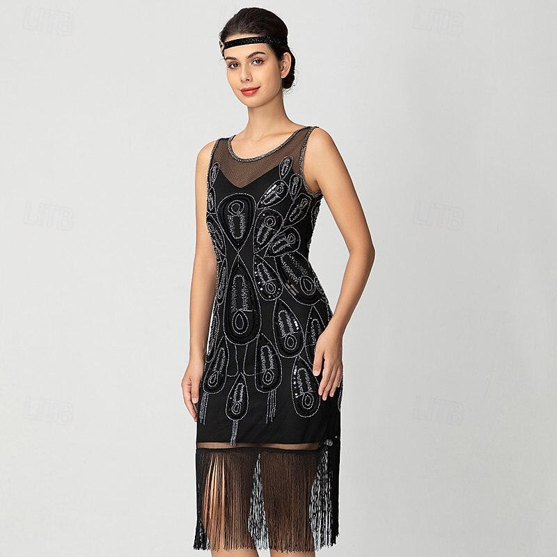 Retro Vintage Roaring 20s 1920s Knee Length Flapper Dress Cocktail Dress The Great Gatsby Flapper Girl Sequins Fringe Fancy Dress Women's Christmas Halloween Carnival Wedding Evening Party Masquerade3