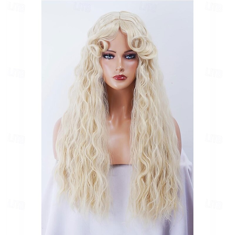 Long Blonde Wig for Women Vintage Water Wavy Gold Wig with bangs Synthetic Retro Wig for Halloween Daily Use