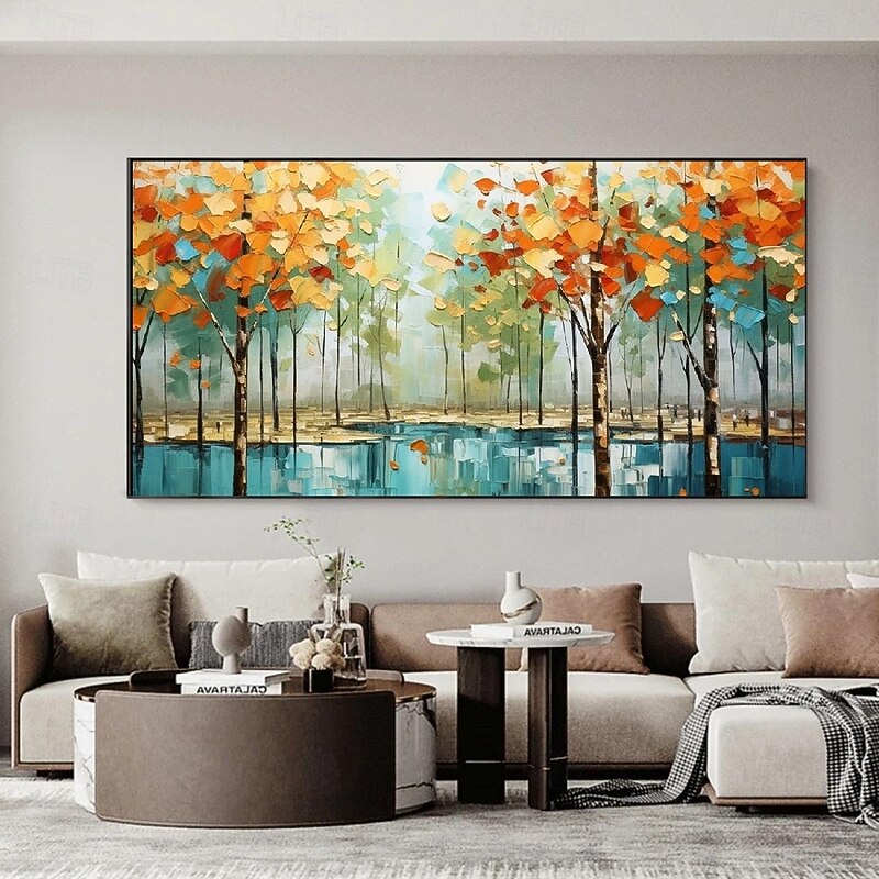 Large Handmade Autumn Tree Oil Painting Golden Foliage Reflected in Blue Water Textured Leaves Above Sofa Cozy Living Room Decor Seasonal Wall Art Tangerine Sunset Warm Atmosphere2