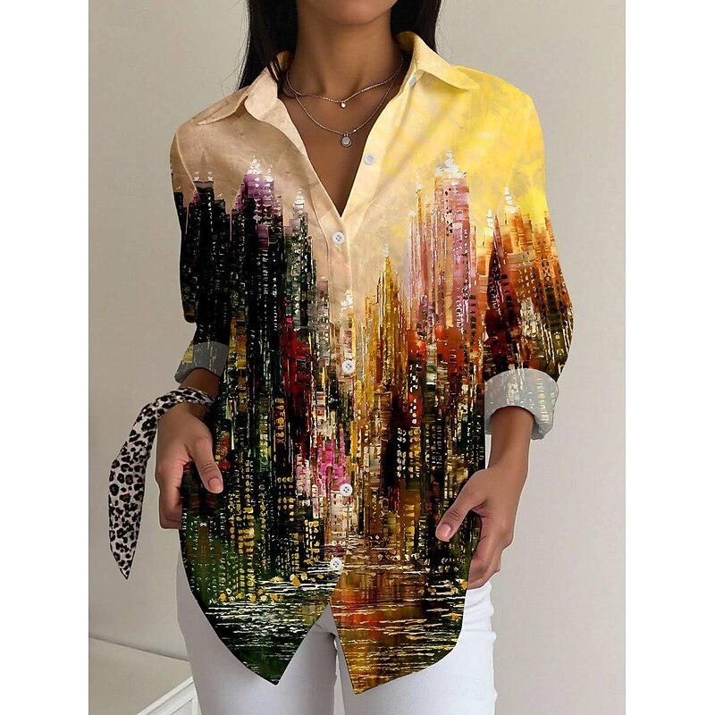 Women's Shirt Button Down Tunic Shirt Collar Long Sleeve Ombre Graphic Elegant Vintage Tropical Regular Tops Work Daily s Print White Yellow Spring