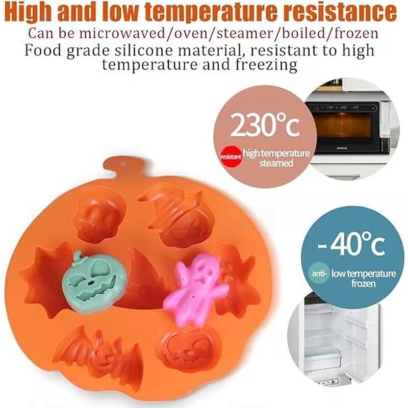 2pcs Halloween Silicone Molds for Cake Decorating, Ghost Pumpkin Tombstone Bat Skull Fondant Molds for DIY Baking, Chocolate, Candy, and Cupcake Toppers4