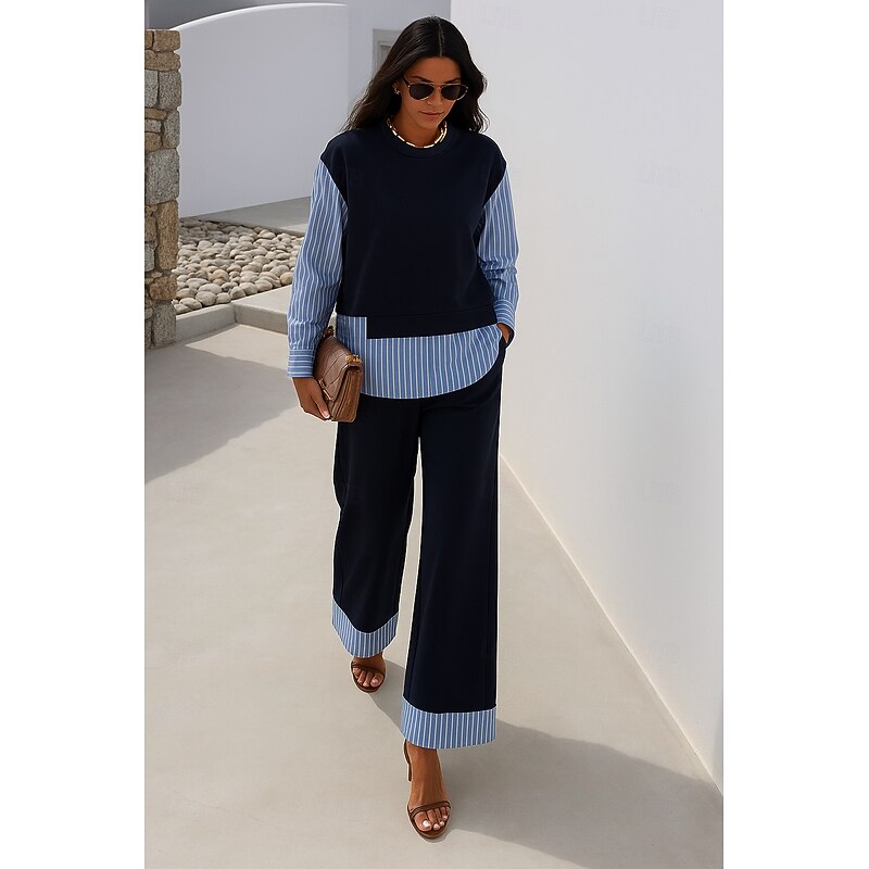 Women's Elegant Vintage Daily Pants Sets Long Sleeve Round Neck Striped Patchwork Vacation Work Casual Blue Spring Loose Fit
