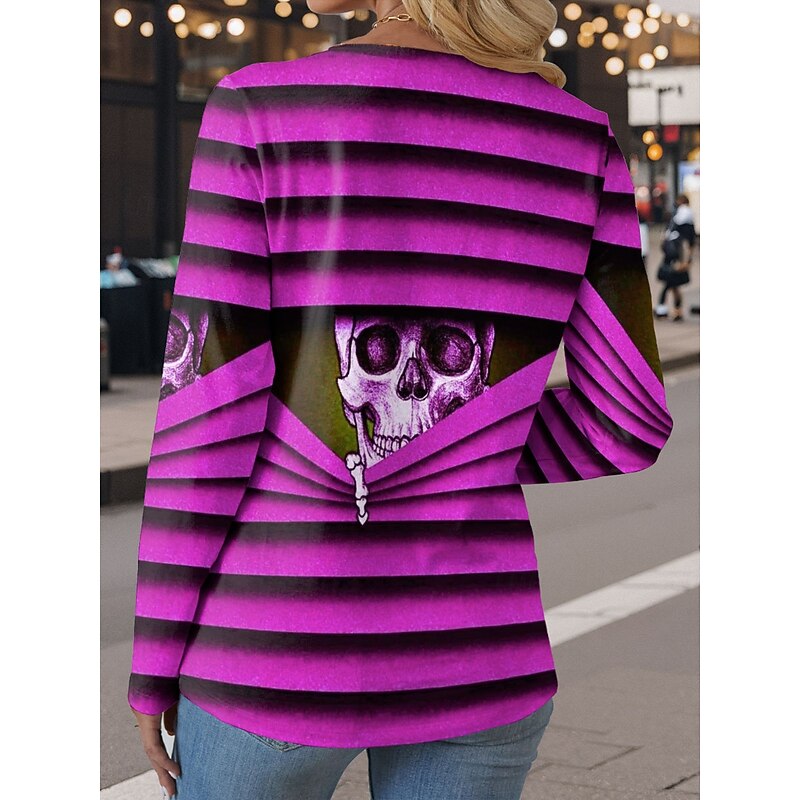Halloween Women's T Shirt Skulls Long Sleeve Crew Neck Long Sleeve Tunic Graphic Vintage Stylish Classic Round Neck Regular Tops Daily Print Blue Fuchsia Green Gray Fall Prefall2