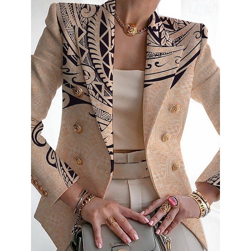 Women's Blazer Comfortable Breathable Pocket Print Fashion Casual Geometric Office Street Casual Daily Wear Double Breasted Regular Turndown Slim Long Sleeve Outerwear Black White Red Summer Spring