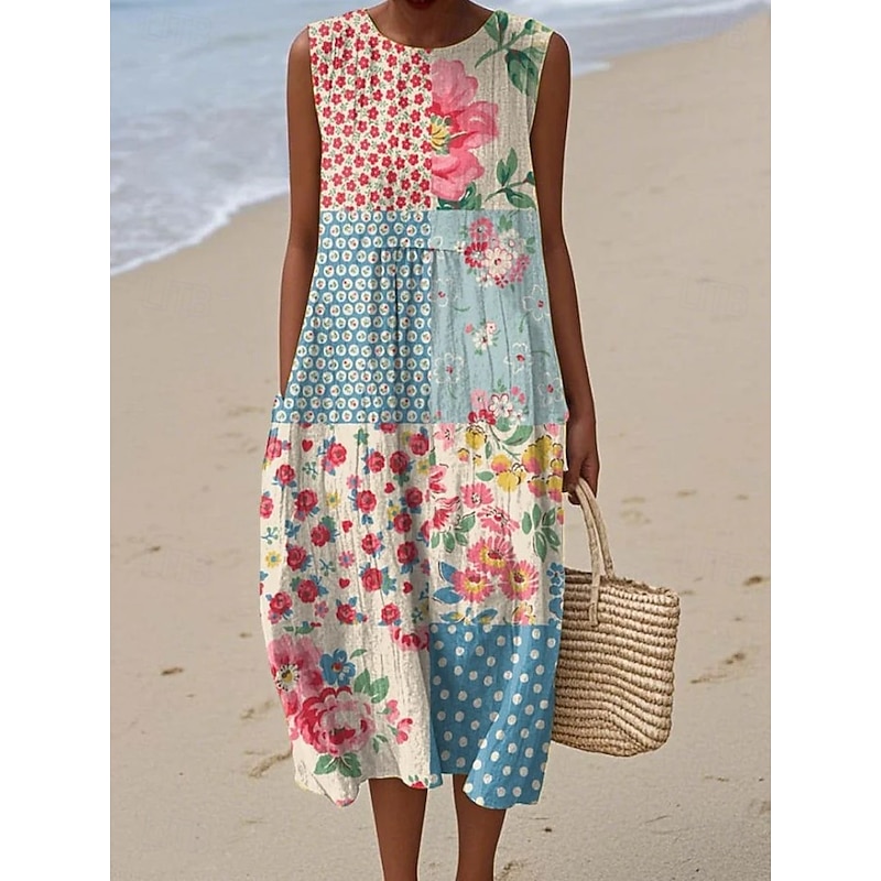 Women's Midi Dress Sundress Shift Dress Vacation Casual Boho Party Beach Floral Graphic Sleeveless Crewneck Black Green Blue White Pink Red Summer Spring2