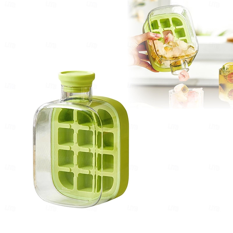 Ice Cube Bottle, 2 in 1 Touch-Free Ice Cube Tray Water Bottle with Lid and Bin, Ice Cube Making Bottle, Easy Press to Release Vertical Ice Cube Tray with straw tie4