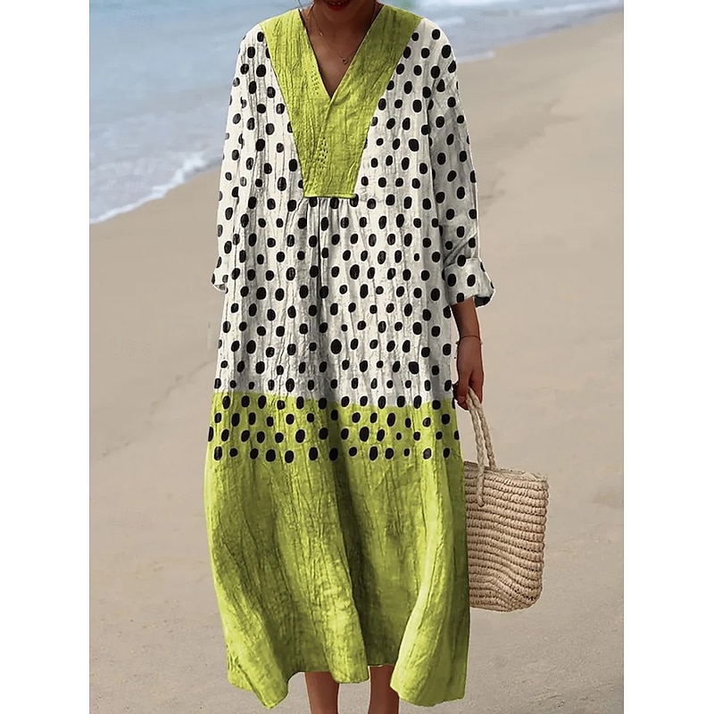 Women's Midi Dress V Neck Long Sleeve Kaftan Lightweight Loose Fit A Line Dress Casual Boho Going out Graphic Geometric Abstract Long Sleeve V Neck Red Blue Green Fall3