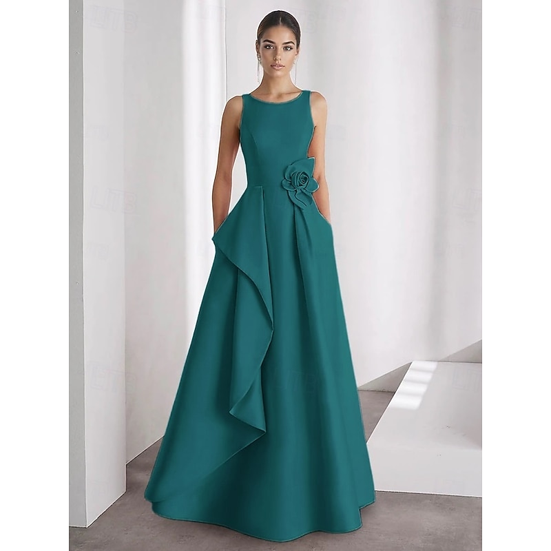 A-Line Evening Gown Elegant Dress Formal Wedding Floor Length Sleeveless Off Shoulder Pocket Satin with Ruffles