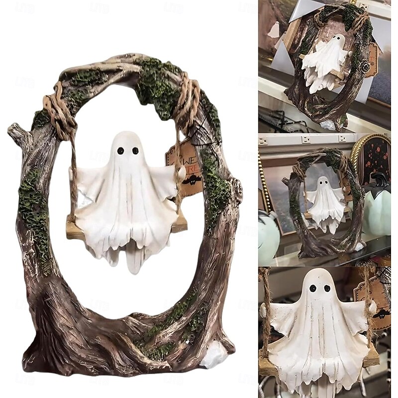 Halloween Swing Figurine Swinging Shadows Cute Ghost Decoration on A Tree Swing Funny Resin Cute Ghost Decoration Ornament for Desktop, Bookshelf, Garden & Patio Decoration2