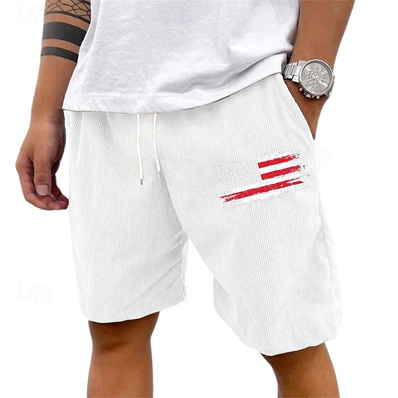 Men's Cargo Shorts Shorts Summer Shorts Corduroy Shorts Elastic Waist Drawstring Multi Pocket National Flag Comfort Wearable Knee Length Outdoor Sport Daily Fashion Casual Black White Micro-elastic2