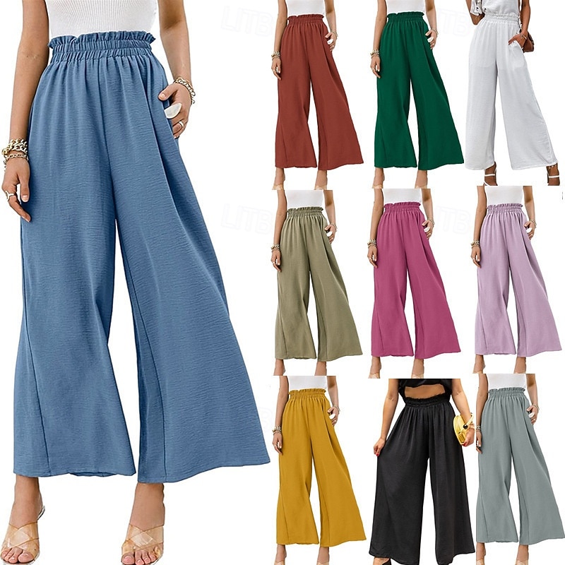 Women's Wide Leg Slacks Streetwear Casual Full Length Natural Plain Pocket Elastic Waist Comfortable Holiday Weekend Rust Spring Grass Green Black White Fall Regular Fit