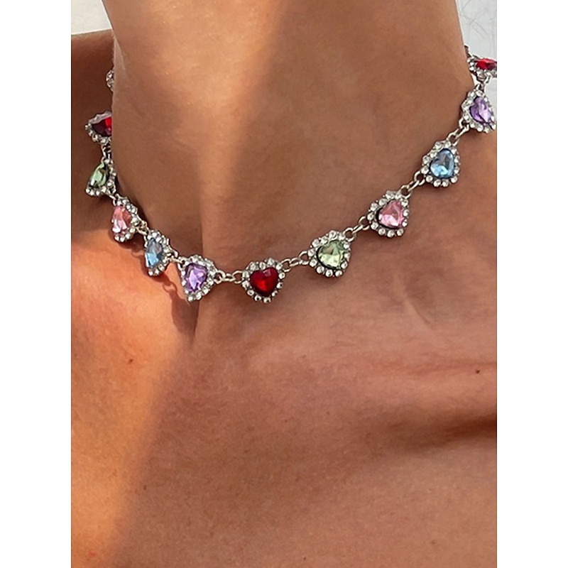 Women's Colorful Heart Crystal Choker Necklace - Cute Y2K Style Jewelry for Girls and Party Outfits
