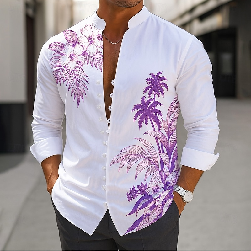 Men's Coconut Tree Tropical Plants Shirt Aloha Shirt Stand Collar Shirt Long Sleeve Hawaiian Vacation Daily Wear Going out Spring Fall Mandarin Collar Band Collar Button-Down Linen Like Shirt Blue3