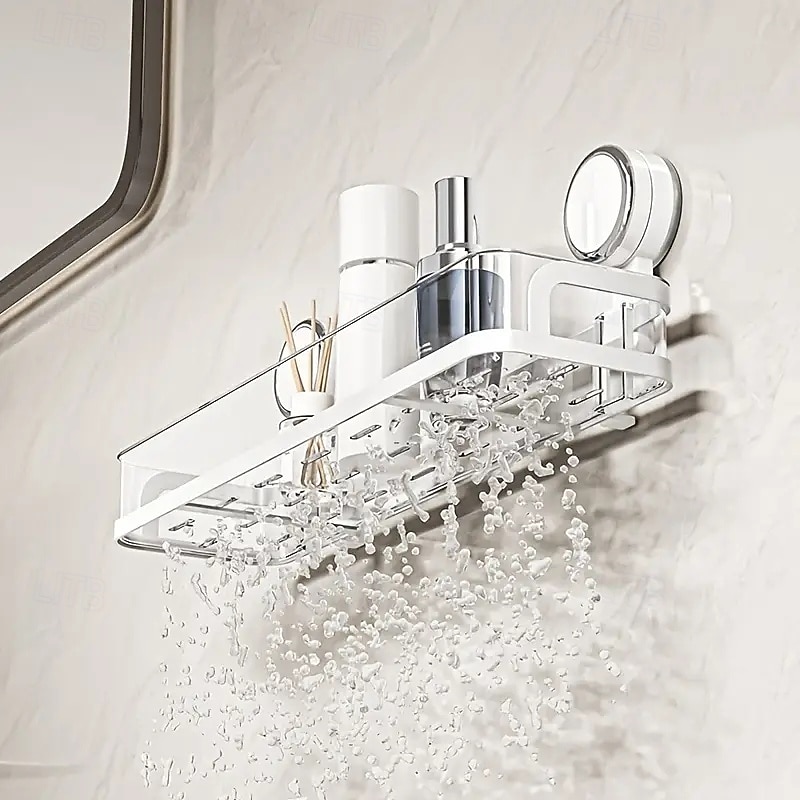 Wall-Mounted Suction Cup Bathroom Shelf Waterproof Cosmetic Storage Shelf with Drainage Perfect for Bathroom & Kitchen Organization4