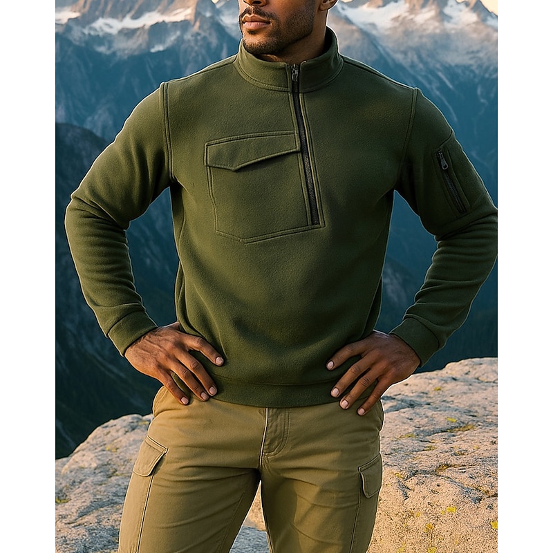 Men's Fleece Sweatshirt Long Sleeve Stand Collar Top Outdoor Thermal Warm Winter Polyester Black Army Green Grey Traveling Running3
