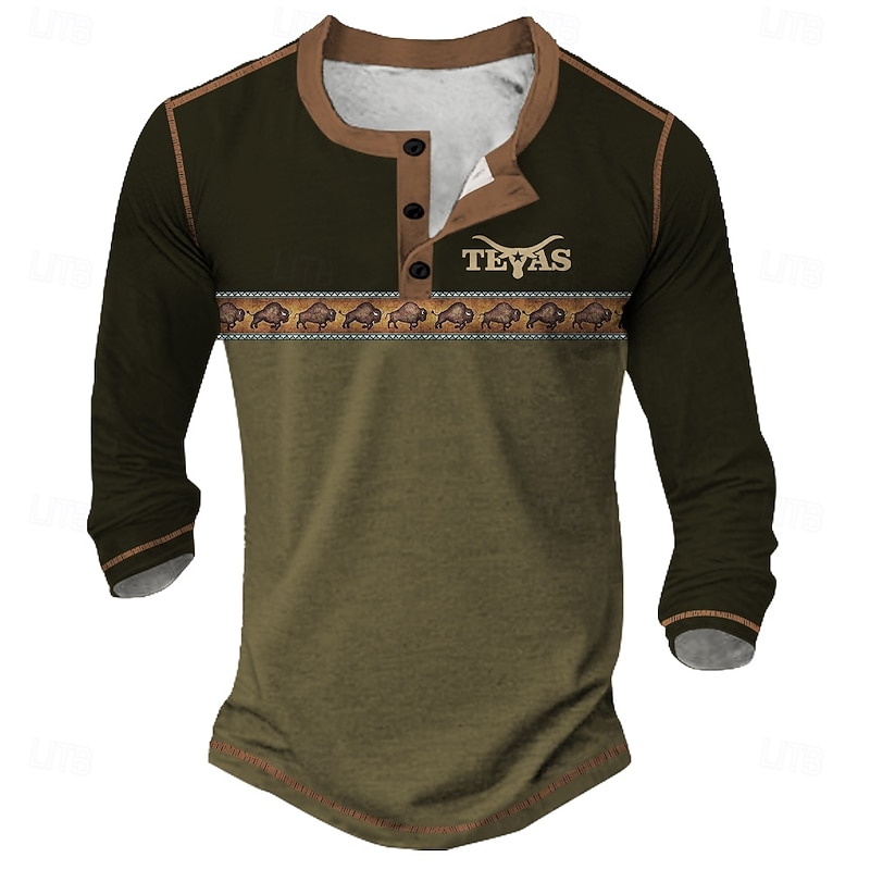 Men's Graphic Ethnic Henley Shirt Tee Long Sleeve Vintage Fashion Designer Outdoor Casual Daily Spring &  Fall All Seasons Army Green Dark Brown Dark Gray Henley Henley T-Shirt2