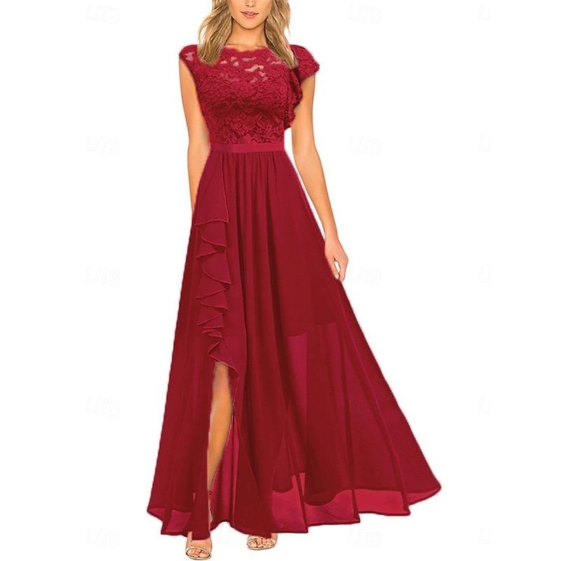 Women's Long Dress Maxi Dress Lace Dress Cocktail Dress Wedding Guest Dress Chiffon Elegant Fashion Modern Wedding Wedding Guest Evening Party Regular Fit Plain Short Sleeve Crew Neck Black Pink Wine4
