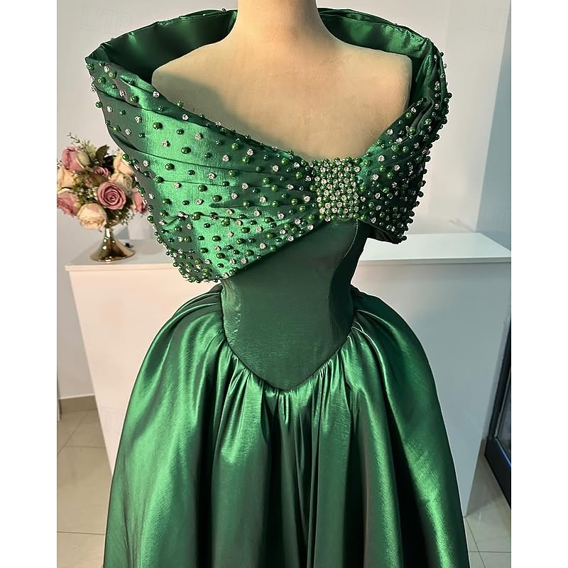 A-Line Evening Gown Elegant Dress Formal Wedding Floor Length Short Sleeve Off Shoulder Stretch Satin with Glitter Pearls Beading4