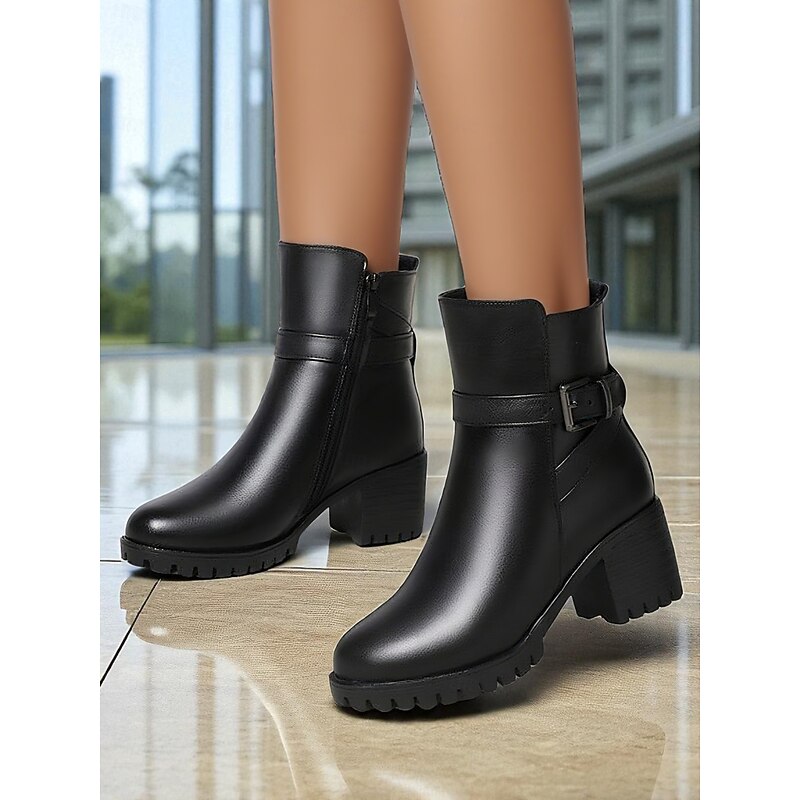 Women's Black Leather Ankle Boots - Warm Fur Lined Mid Heel Winter Booties with Side Zipper and Buckle for Cold Weather, Work & Outdoor Wear2