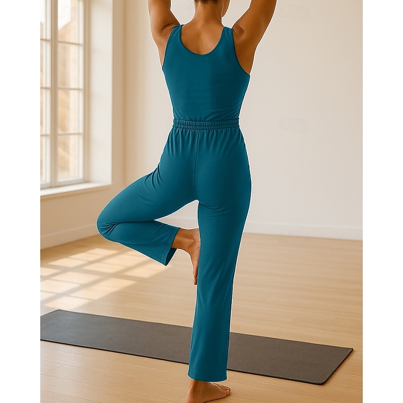 Women's Yoga Jumpsuit Onesie Pocket Henley Pilates Fitness Yoga Camisole Wide Leg Pant Solid Color Black Blue Green Sports Activewear Micro-elastic2