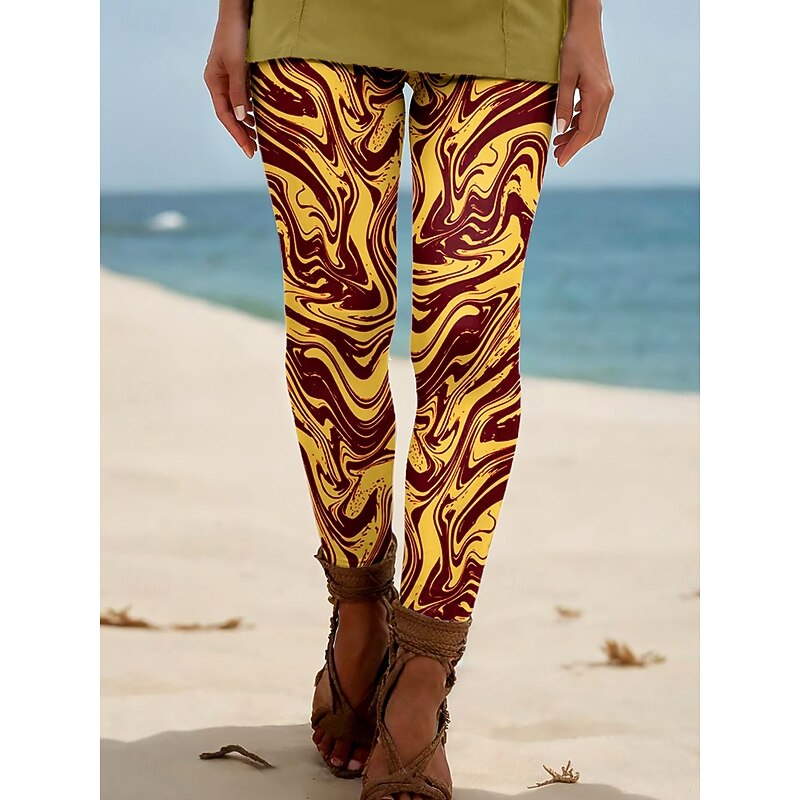 Women's Leggings Vacation Vintage Ethnic Style Ankle-Length High Waist Graphic Lines / Waves Abstract 3D Print Breathability Soft Comfortable Stretchy Outdoor Home Causal claret Yellow-Brown Violet3