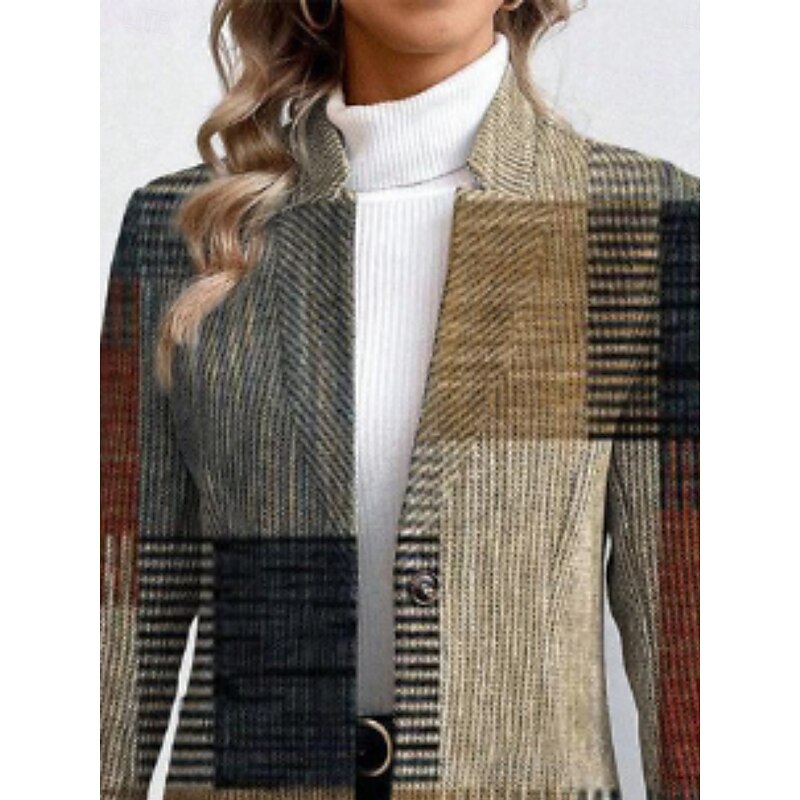 Women's Casual Jacket Comfortable Breathable Print Casual Plaid Vacation Street Daily Wear Going out Open Front Regular Stand Collar Regular Fit Long Sleeve Outerwear Black Khaki Summer Spring2