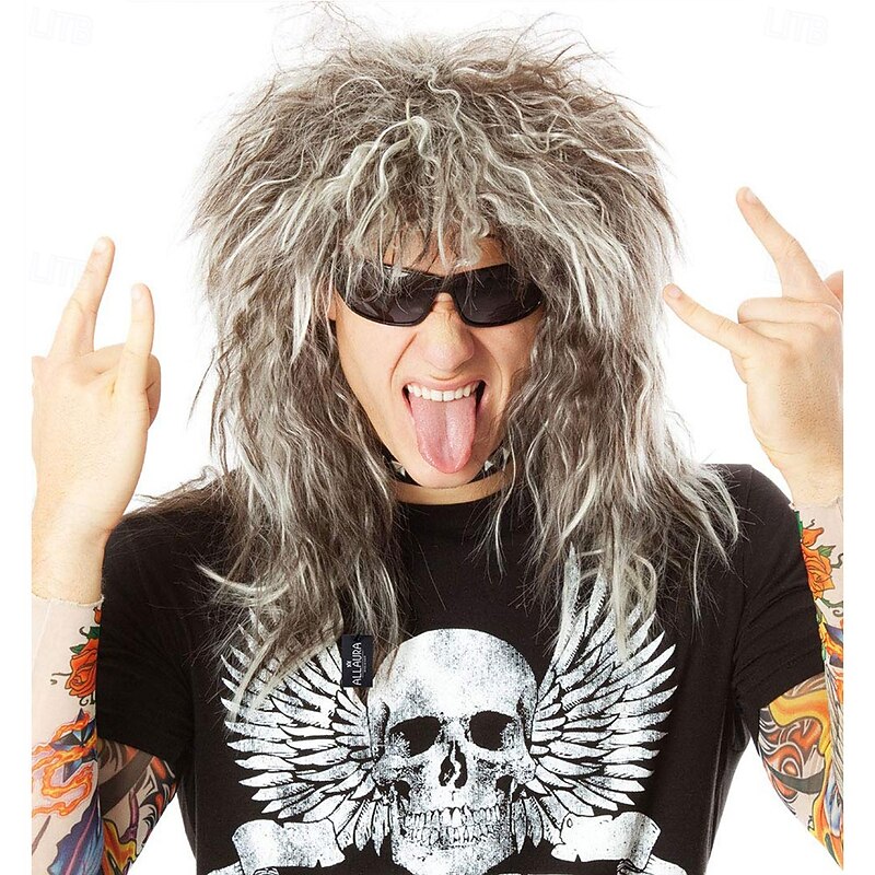 70s 80s Rocker Wigs  Tattoos Costume Set Glam Hairband Rockstar Mullet Wig  Tattoo Sleeves Heavy Metal Wigs Metal HairWig  Rock Star Wig for Men  Rock Star Costumes for Men's
